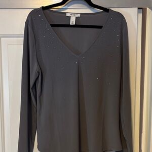 White House Black Market Gray Embellished V-Neck Blouse